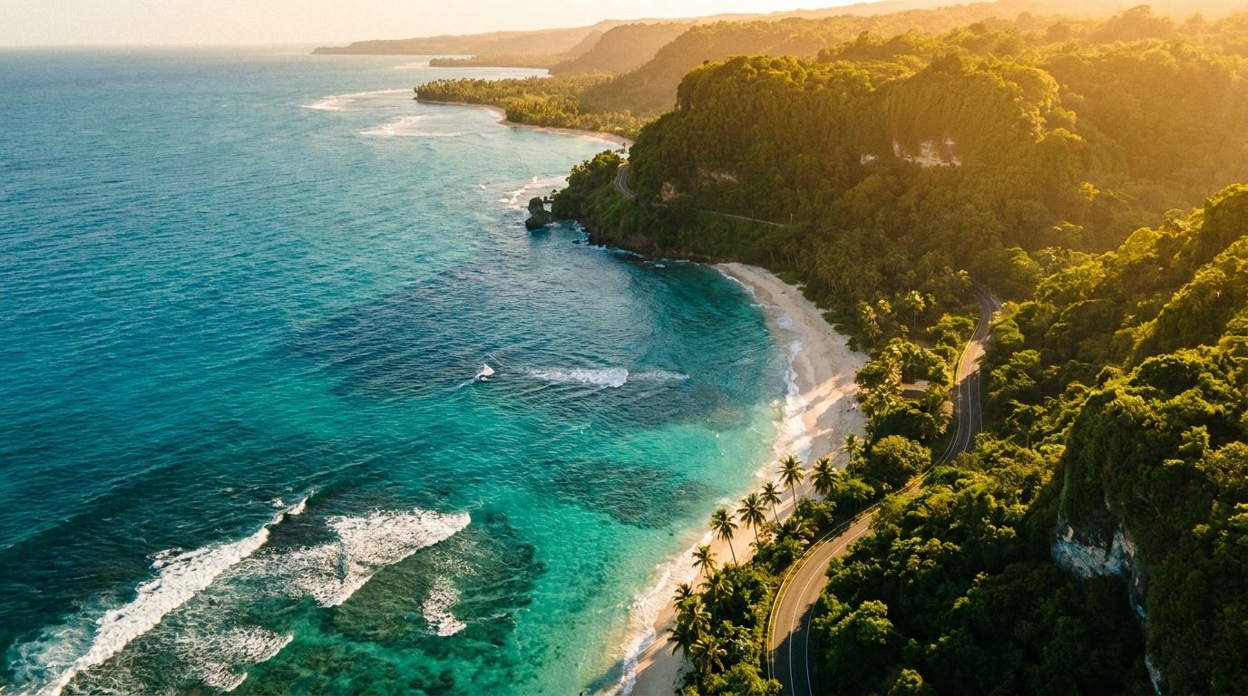 Aerial view of a tropical coastline at golden hour