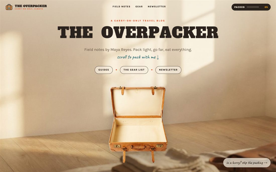 The Overpacker, a travel blog demo site built by Wayfare Studio
